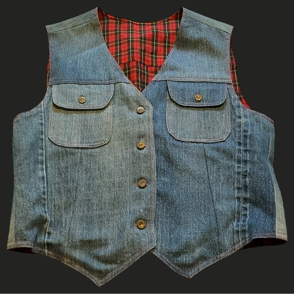 Handmade Jackets & Blazers - Vintage Denim Vest with Plaid Lining